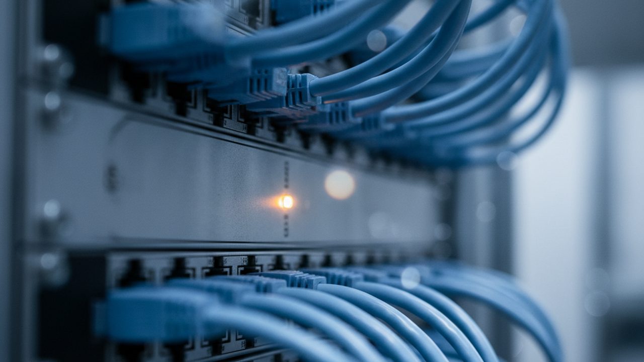 A macro photograph of a high-density server rack showing glowing status LEDs and intricate ribbon cabling in a dim data centre.