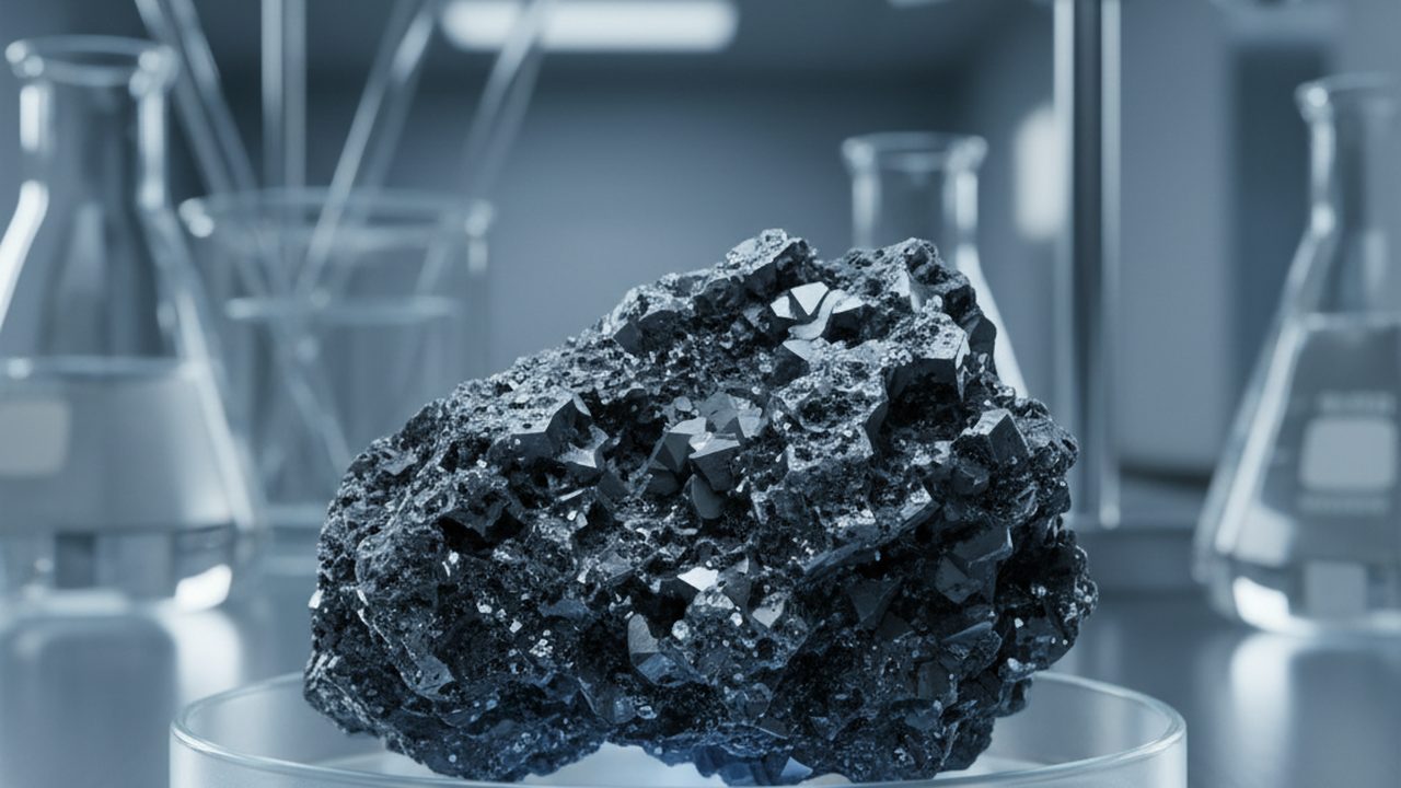 A cross-section of a dark, porous meteorite sample showing circular chondrules and metallic inclusions under harsh, directional laboratory lighting.