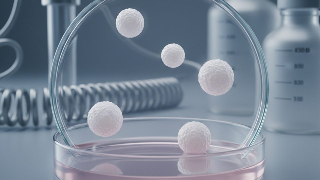 A close-up of a glass petri dish containing several small, translucent white spheres submerged in a clear pinkish growth medium.