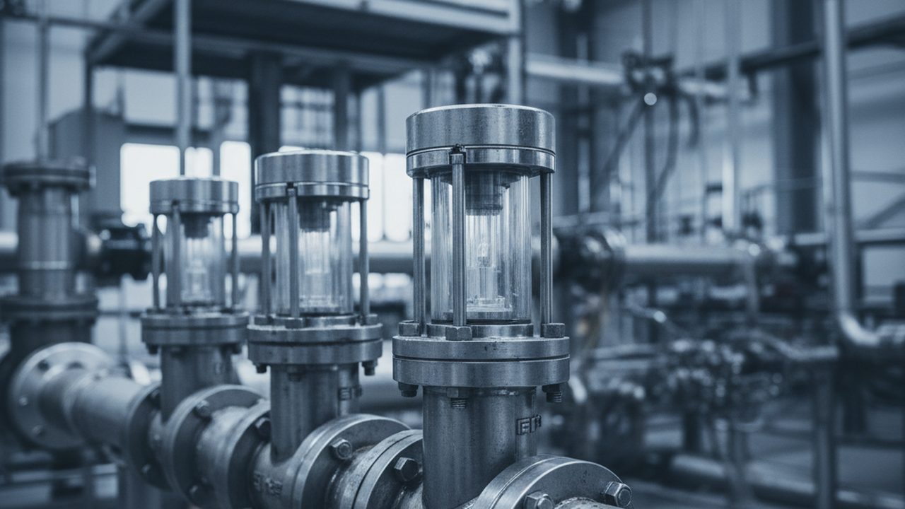 A stainless steel pressurised chamber with copper piping and pressure gauges, illuminated by cool blue industrial lighting in a research facility.