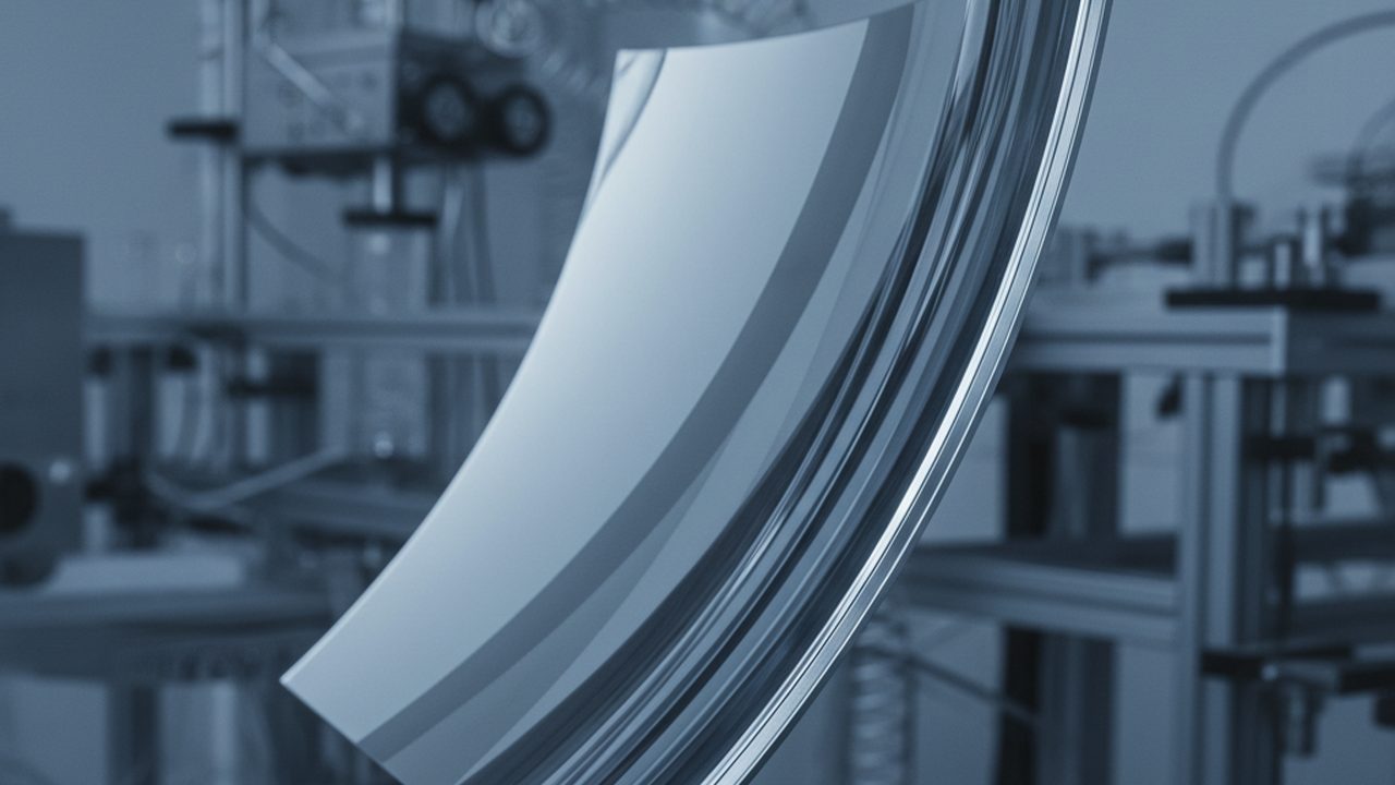 A high-angle photograph of the internal chamber of an EUV scanner showing circular reflective surfaces and complex vacuum piping.