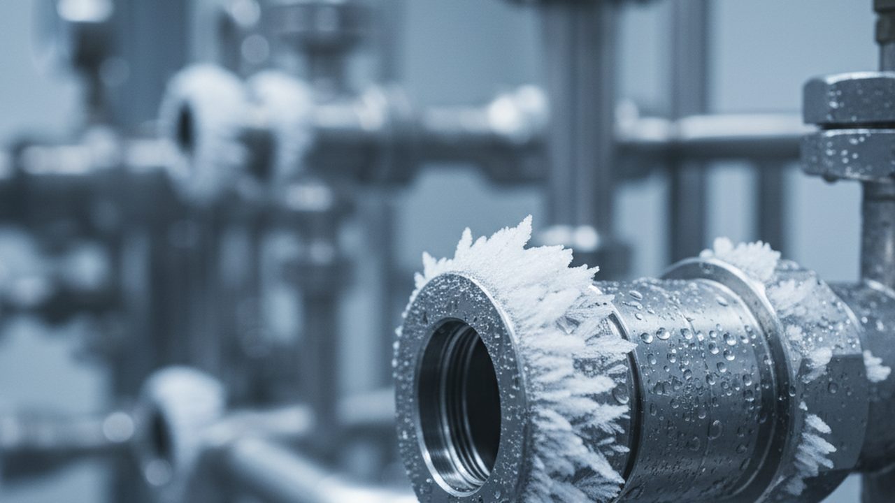 A high-precision metallic drill bit covered in grey simulated lunar regolith, resting on a clean laboratory workbench under cool blue industrial lighting.