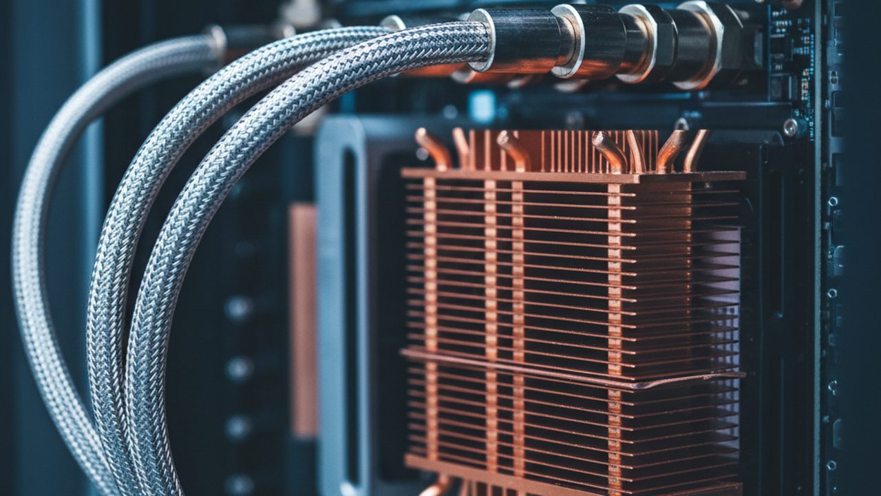 A macro photograph of copper coolant pipes and steel manifolds connected to a dense rack of server blades in a data centre.