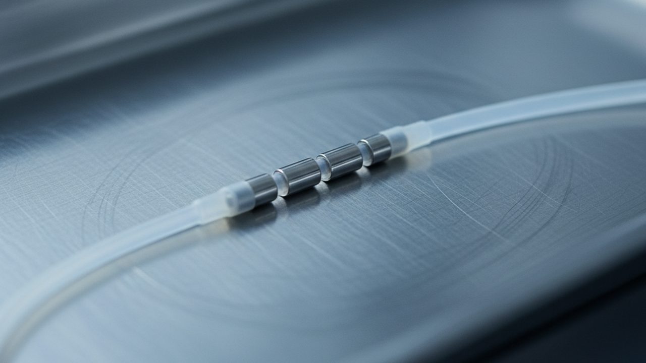 A macro photograph of a thin, multi-contact electrode lead resting on a sterile grey surface under clinical lighting.