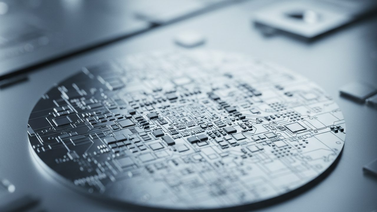 A macro photograph showing the internal circuitry of a modern smartphone processor, highlighting the silicon die and surrounding surface-mount components.