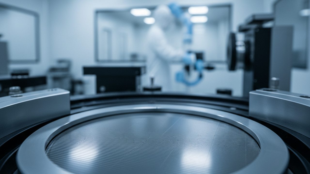 A precision diffraction grating component mounted in a clean laboratory setting, reflecting a spectrum of light across a dark metallic surface.