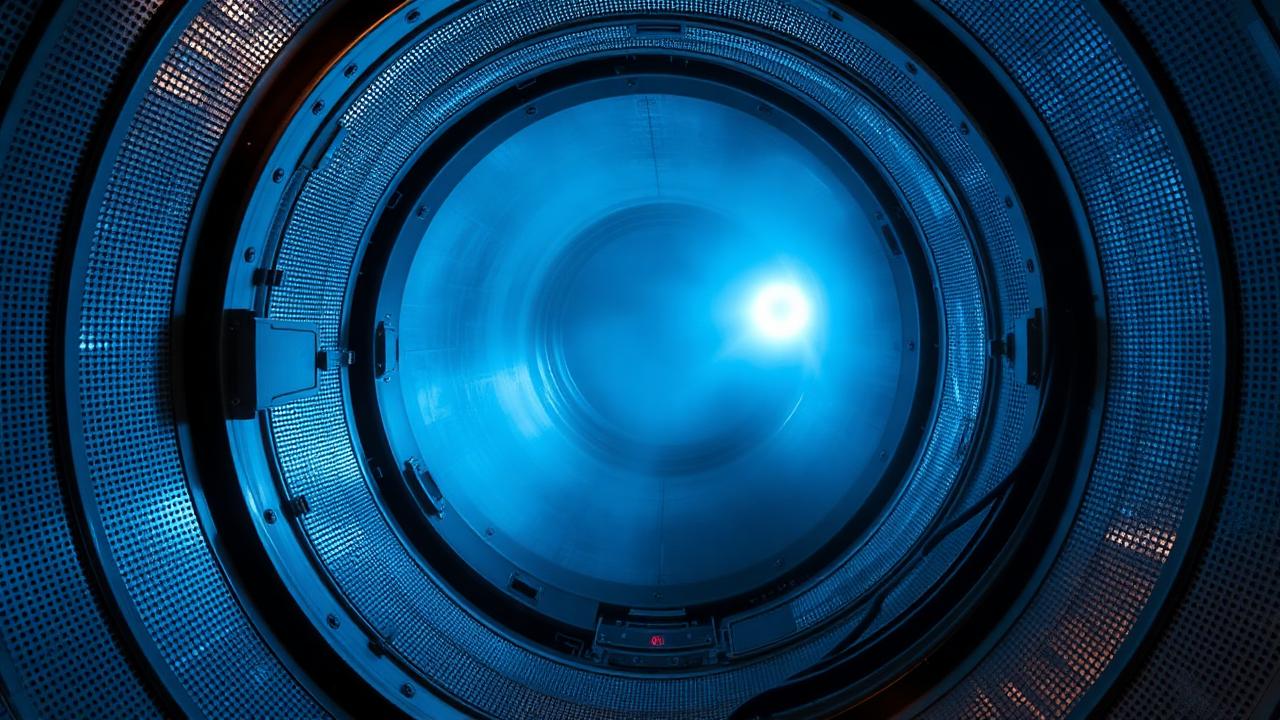 Interior of a doughnut-shaped fusion reactor vessel with curved metallic walls and blue plasma-facing tiles