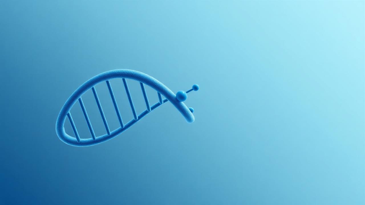Illustration of a DNA double helix with a guided editing complex bound to one strand, rendered in cool blue tones