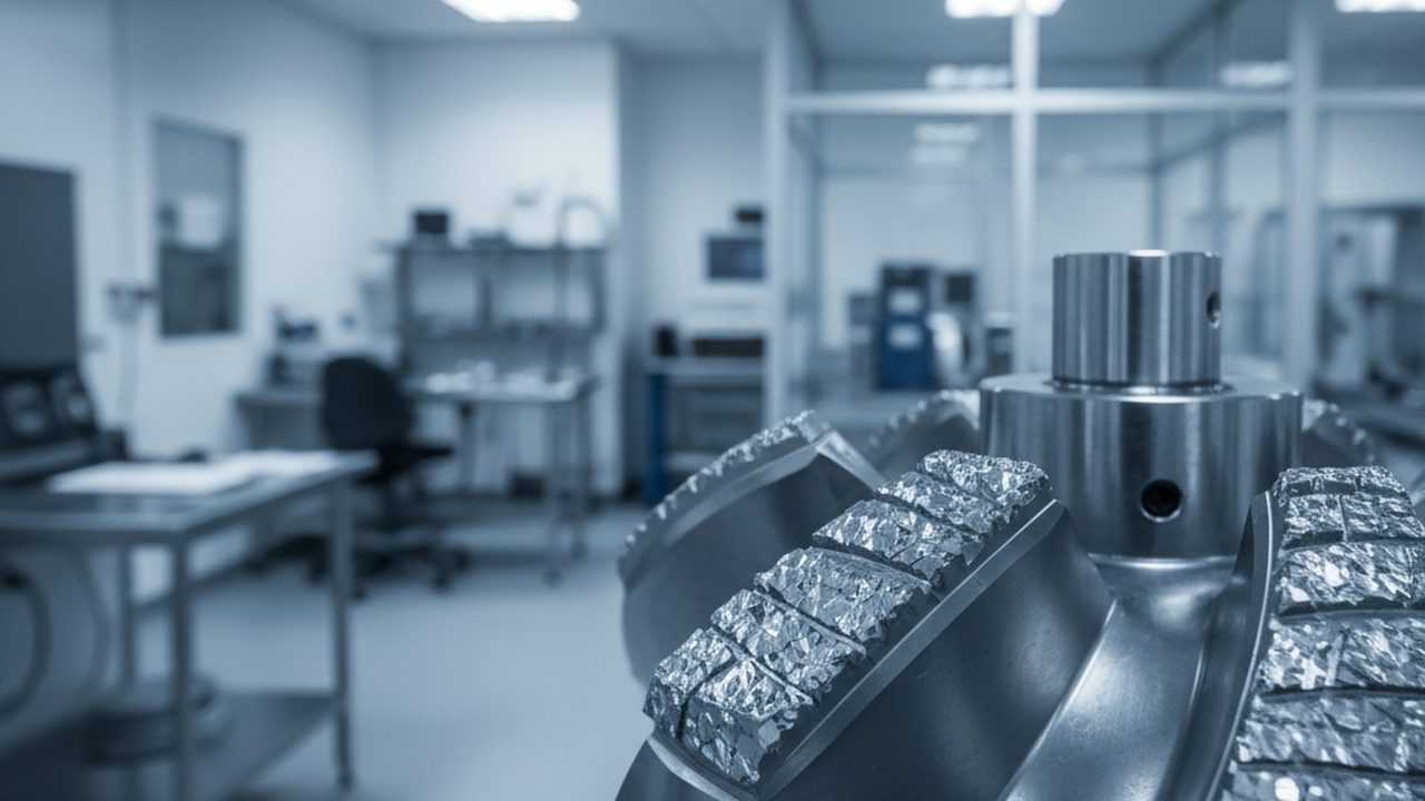 A heavy-duty polycrystalline diamond compact drill bit rest on a metal workbench under harsh industrial lights, showing signs of thermal wear.