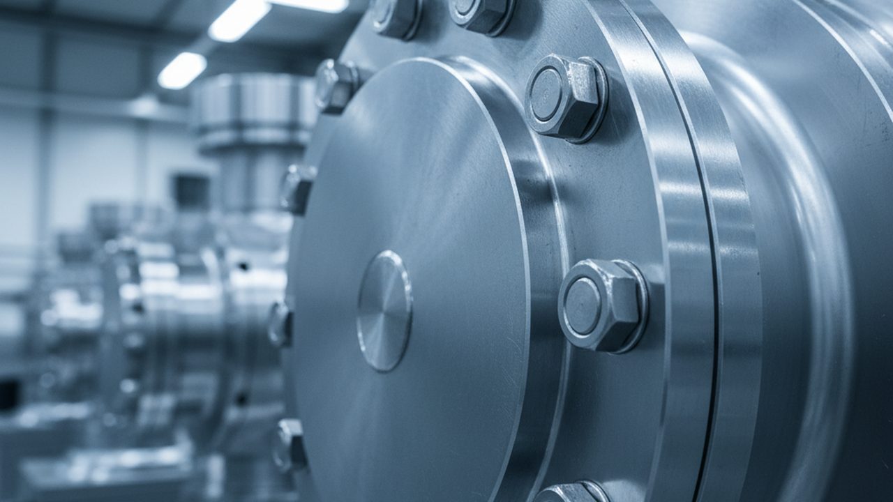 A close-up of heavy industrial copper busbars and cooling pipes connecting large-scale electrolyte tanks in a flow battery facility.