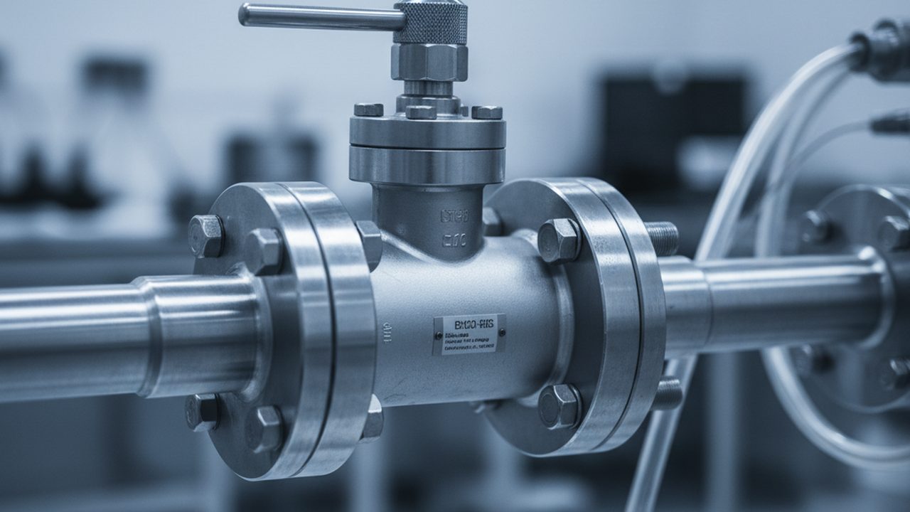 A close-up of a stainless steel electrolysis stack with intricate plumbing and pressure gauges in a brightly lit industrial facility.
