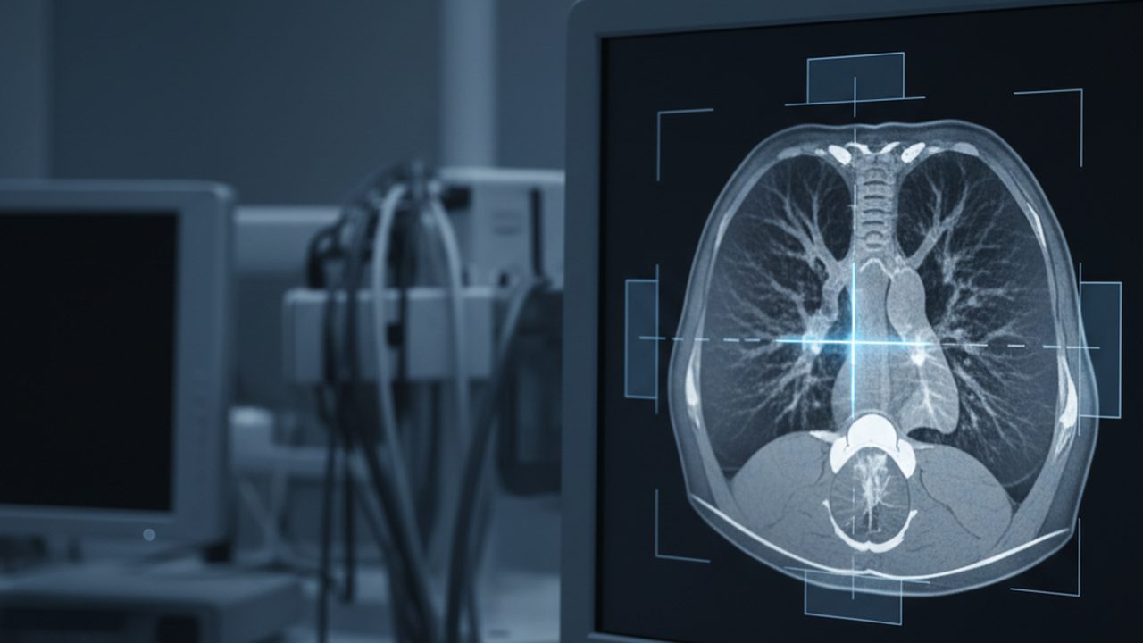 A high-resolution monochrome monitor displays a sagittal MRI scan of a human spine with semi-transparent digital heatmaps overlaid on the vertebrae.