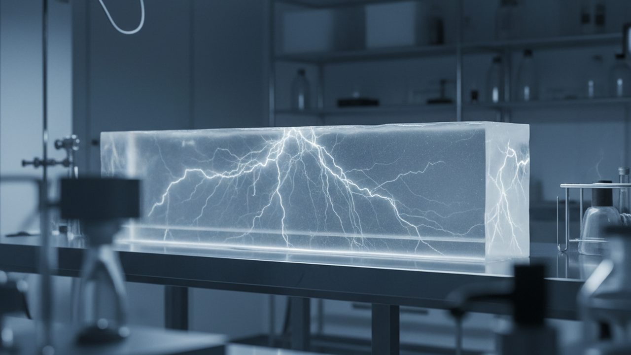 A cross-section of a multi-layered aerospace composite panel showing dense polymer layers and honeycomb structures used for radiation attenuation testing.