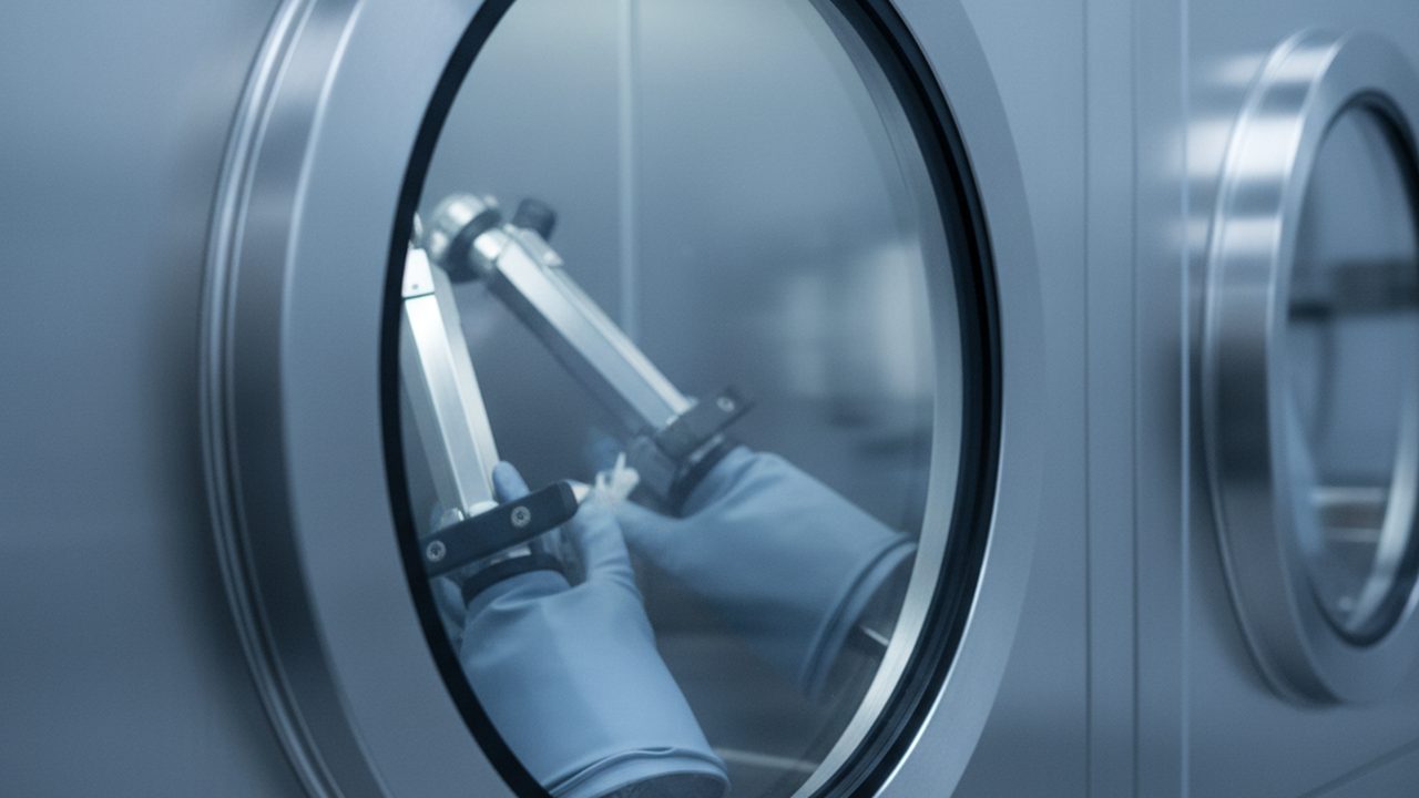 A row of sterile plastic isolator bubbles in a laboratory, used for housing germ-free mice in a controlled environment.
