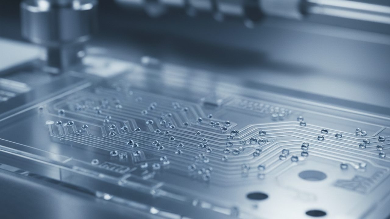 A macro photograph of a microfluidic mixing device with intricate glass channels and a clear liquid flowing through a precise junction.