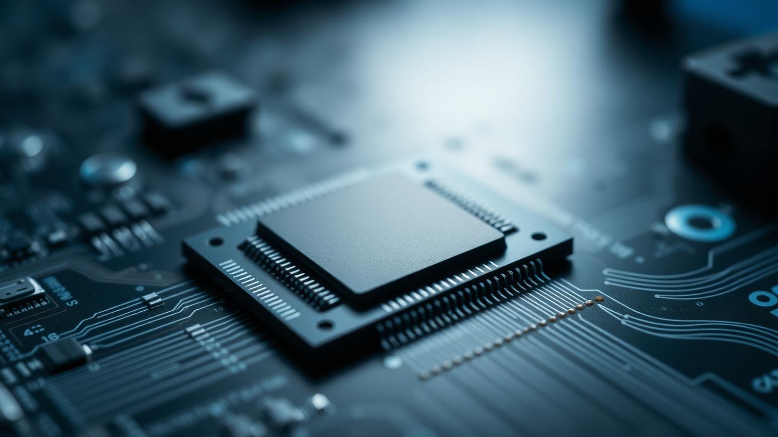 A macro photograph of a neuromorphic processor mounted on a circuit board, showing the intricate grid of the chip package and gold-bonded wires.