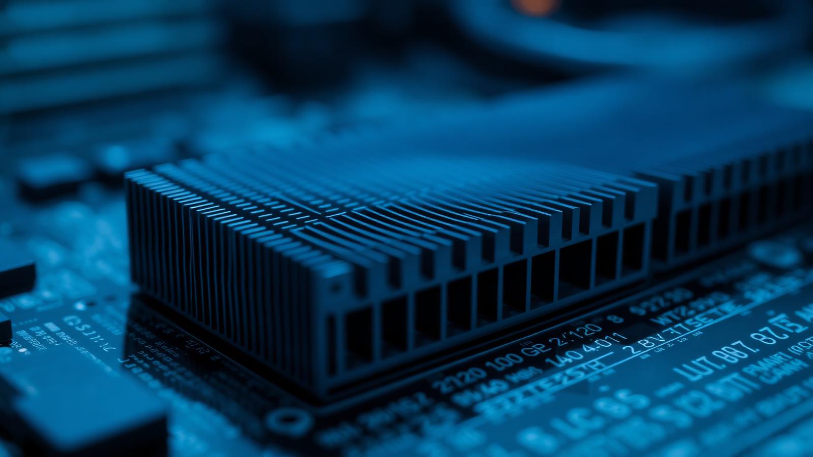 A close-up shot of a server rack inside a data centre with glowing blue status lights and tangled grey ethernet cables.