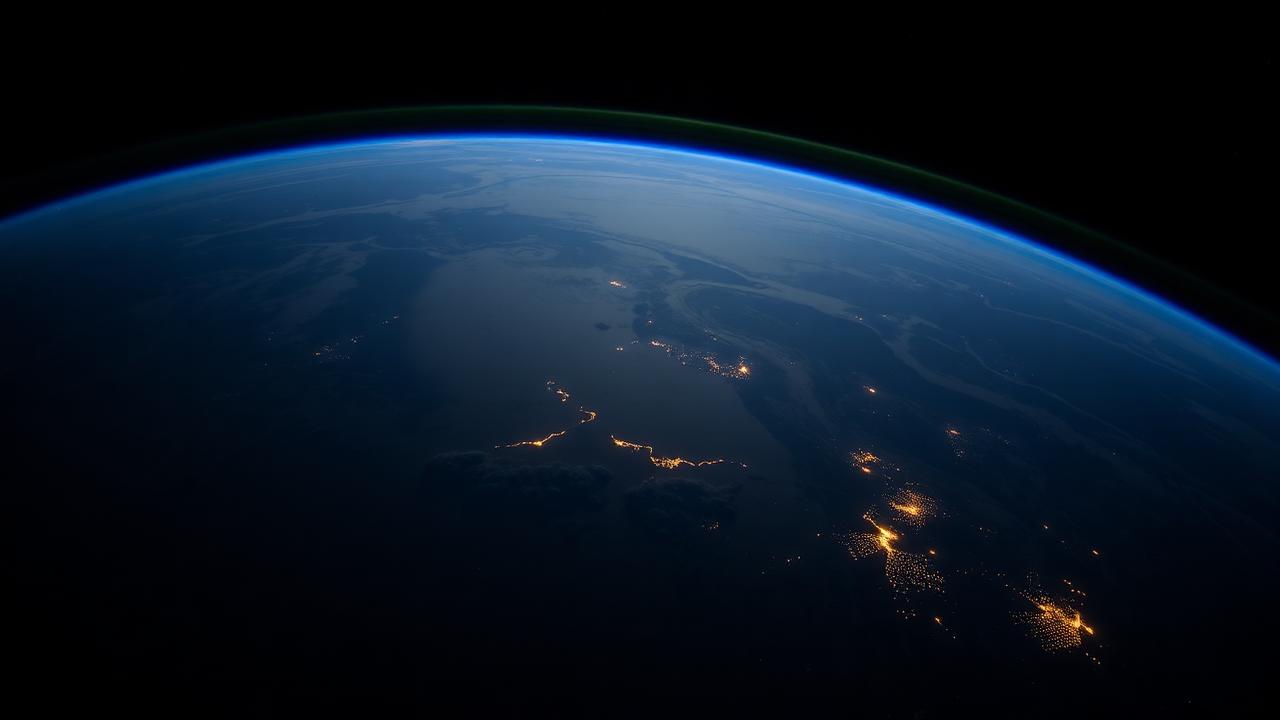 View of Earth's curvature from orbit with thin atmospheric haze and scattered points of light against dark space