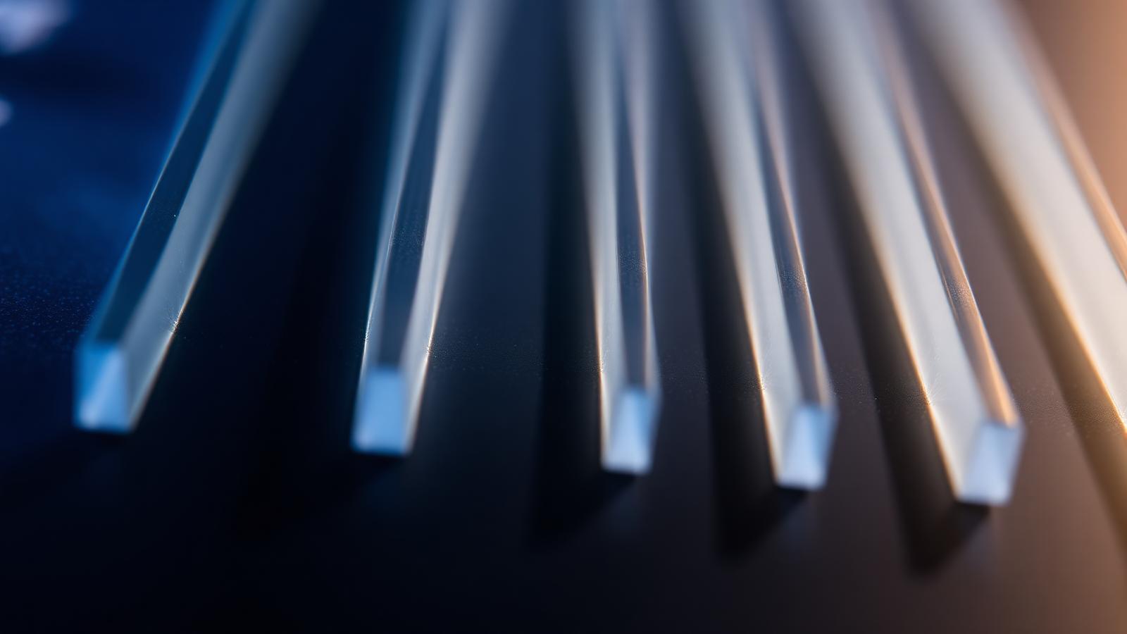 A close-up of a silicon photonic integrated circuit showing intricate gold and translucent glass waveguides on a dark substrate.