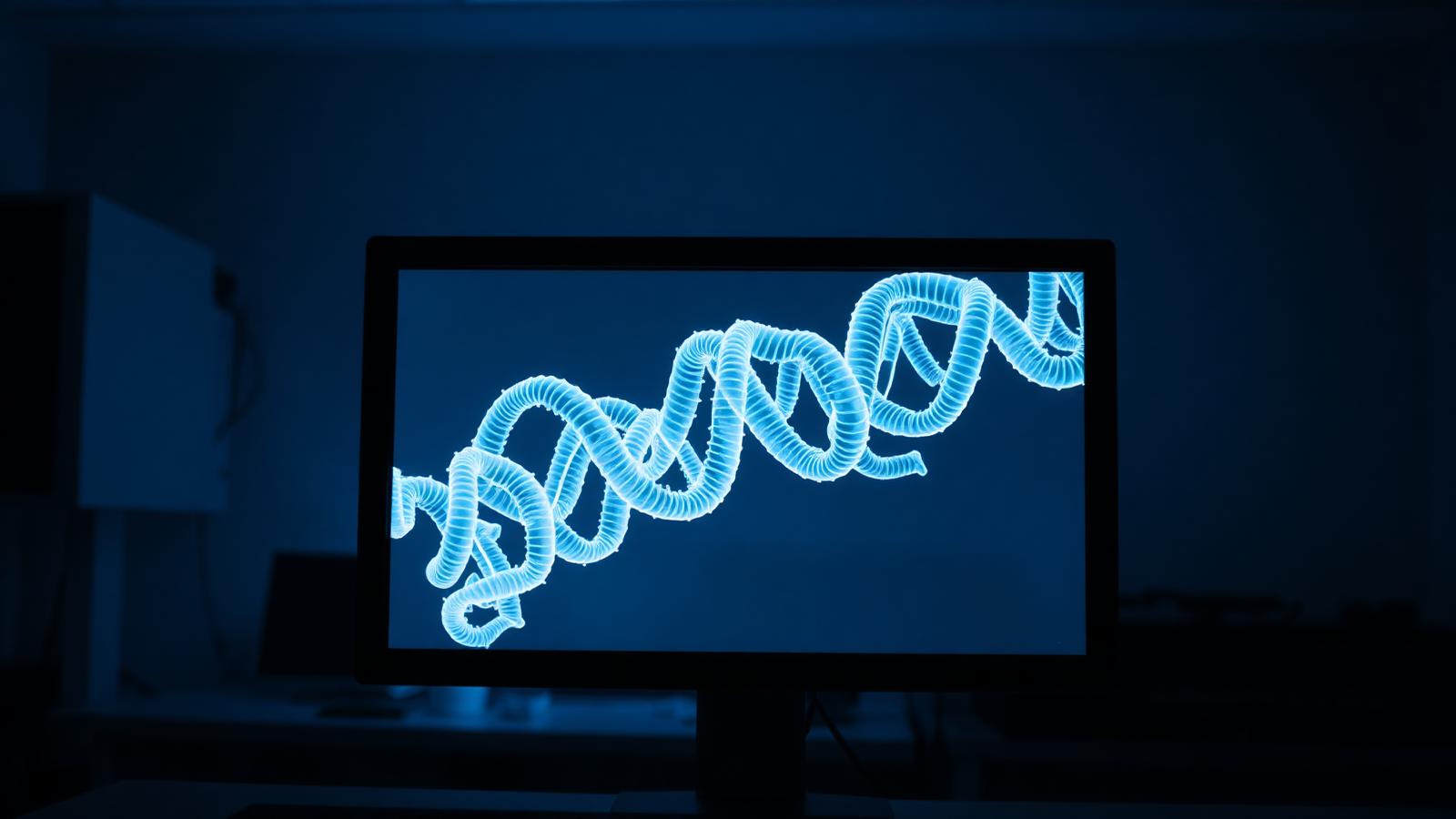 A high-resolution scientific monitor displaying a complex ribbon diagram of a protein structure against a dark background in a dimly lit laboratory.