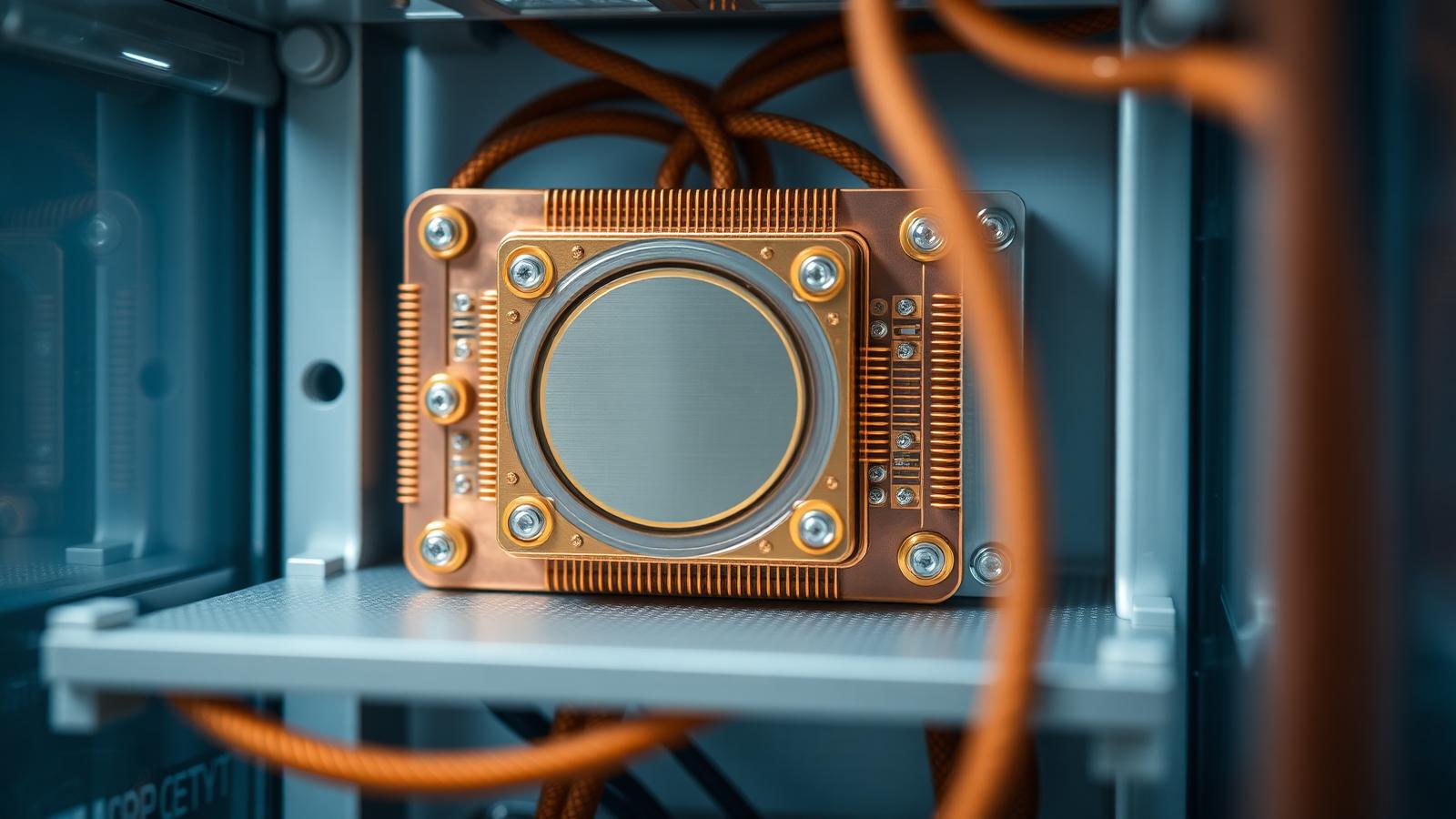 A close-up photograph of a golden dilution refrigerator component with intricate wiring and coaxial cables inside a laboratory setting.