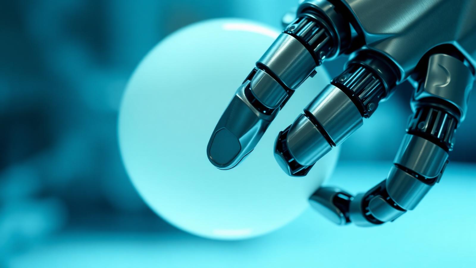 A three-fingered robotic gripper attempting to pick up a translucent, irregularly shaped gel packet on a cluttered industrial workbench.