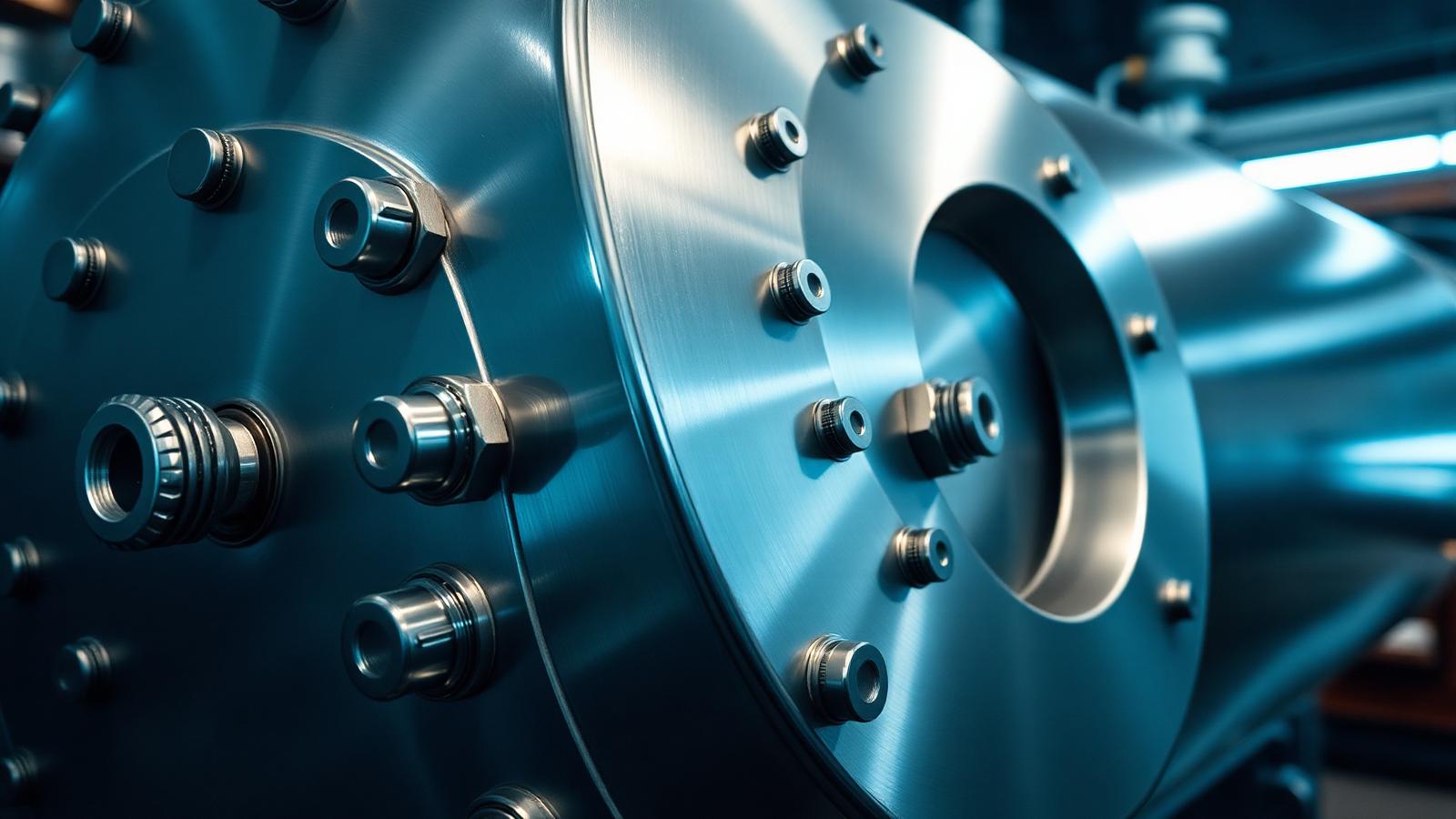 A precision-machined steel reactor pressure vessel sits on a factory floor under dim, industrial blue lighting with weld lines visible.