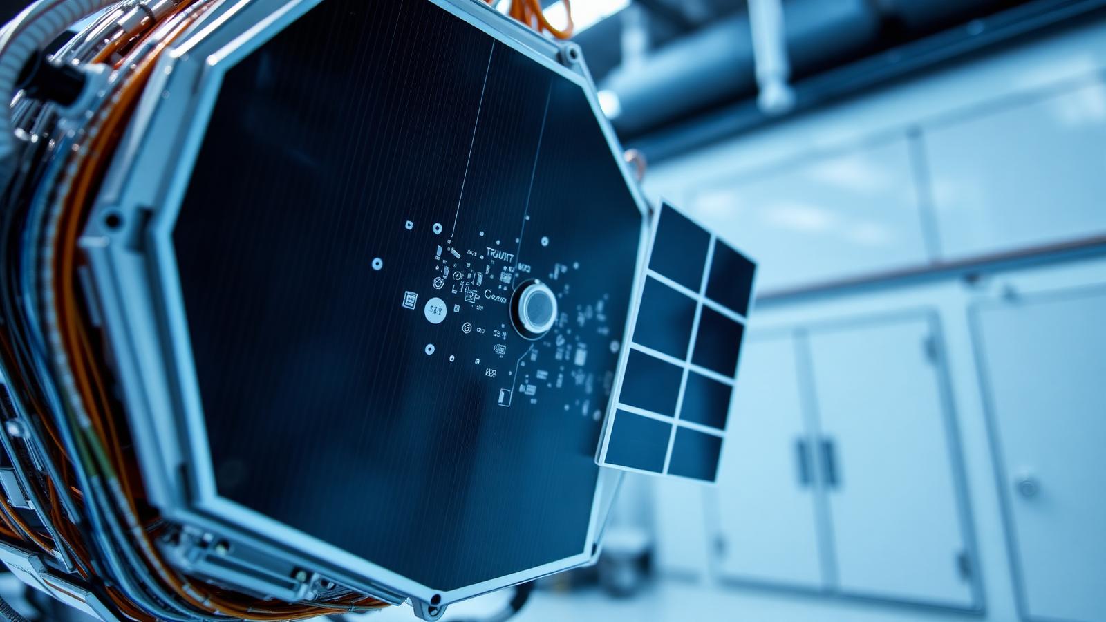 A close-up of a hexagonal light-weight solar tile module with integrated microwave transmitters resting on a clean laboratory workbench.