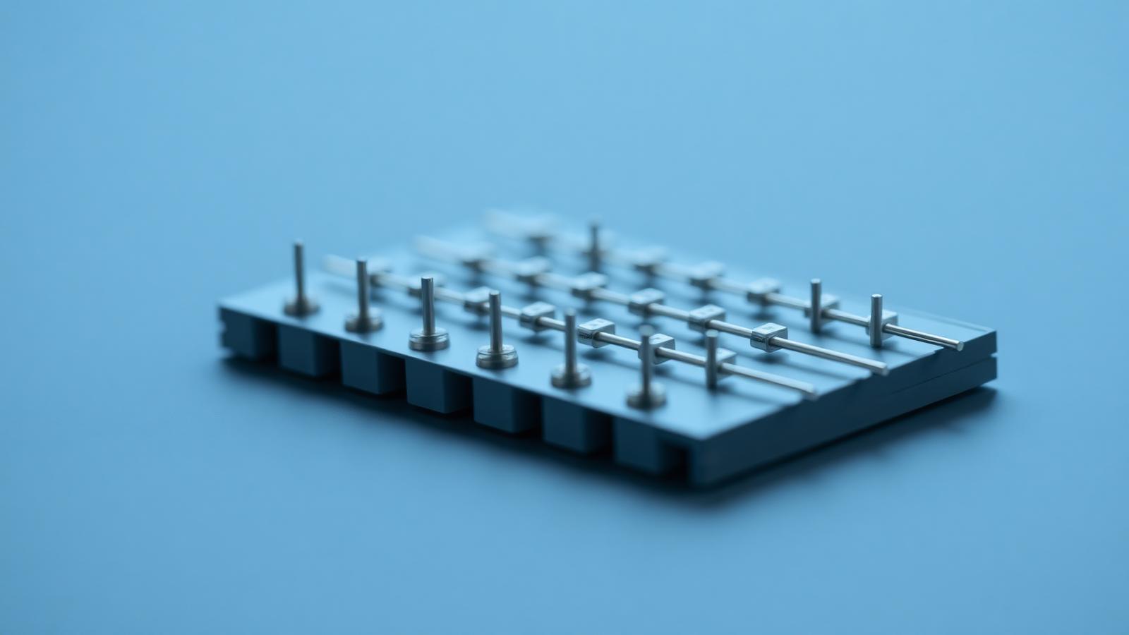 A close-up photograph of a small, flexible electrode array designed for surgical implantation alongside human spinal tissue.