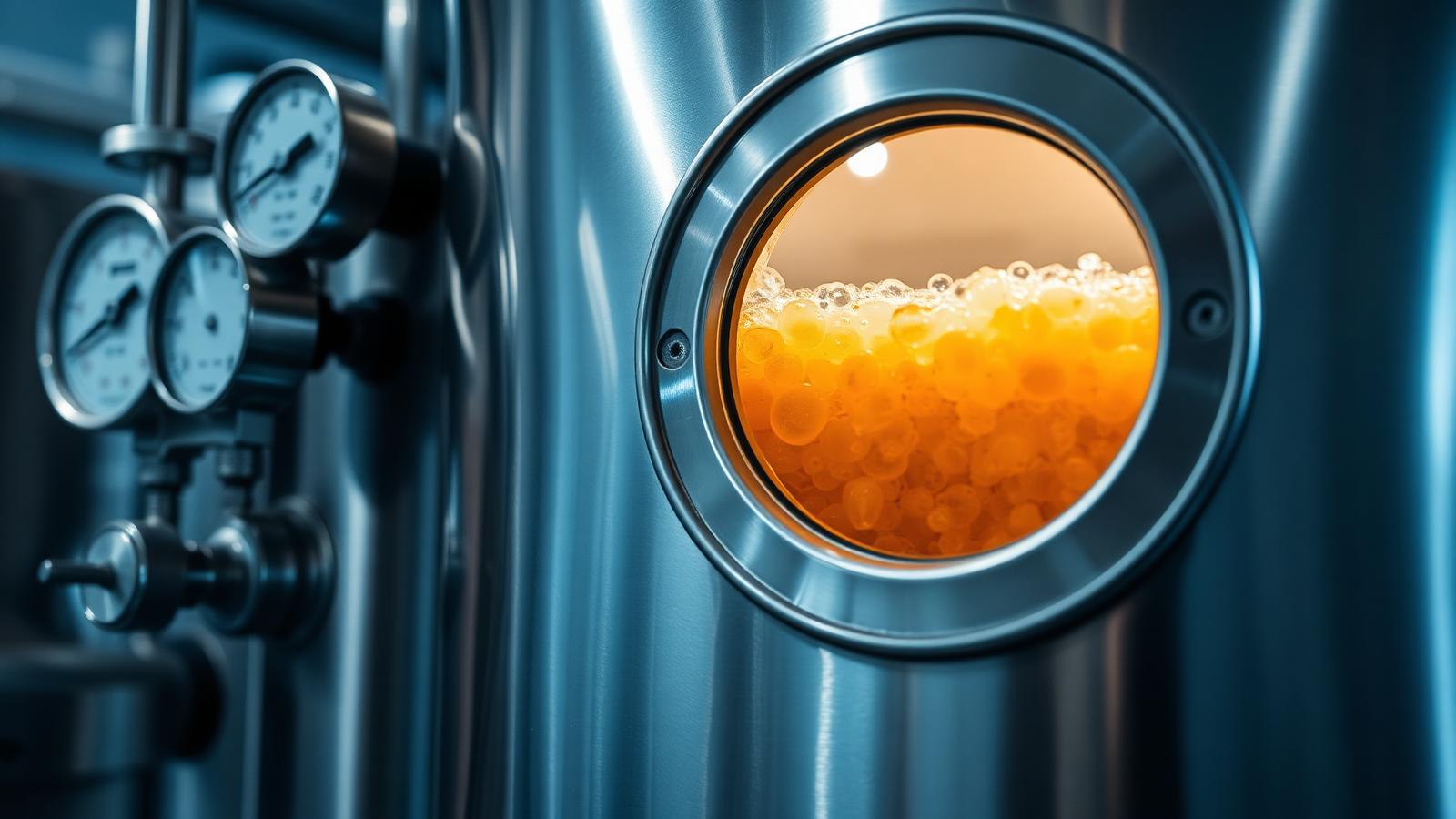 A stainless steel bioreactor with glass viewing ports, containing a dense, amber-coloured liquid agitated by internal impellers under clinical blue lighting.