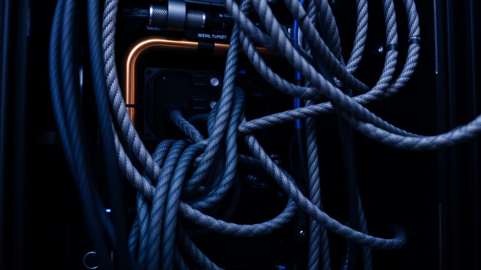 A high-angle photograph of a server rack interior showing dense wiring and glowing status lights in a dimly lit data centre.